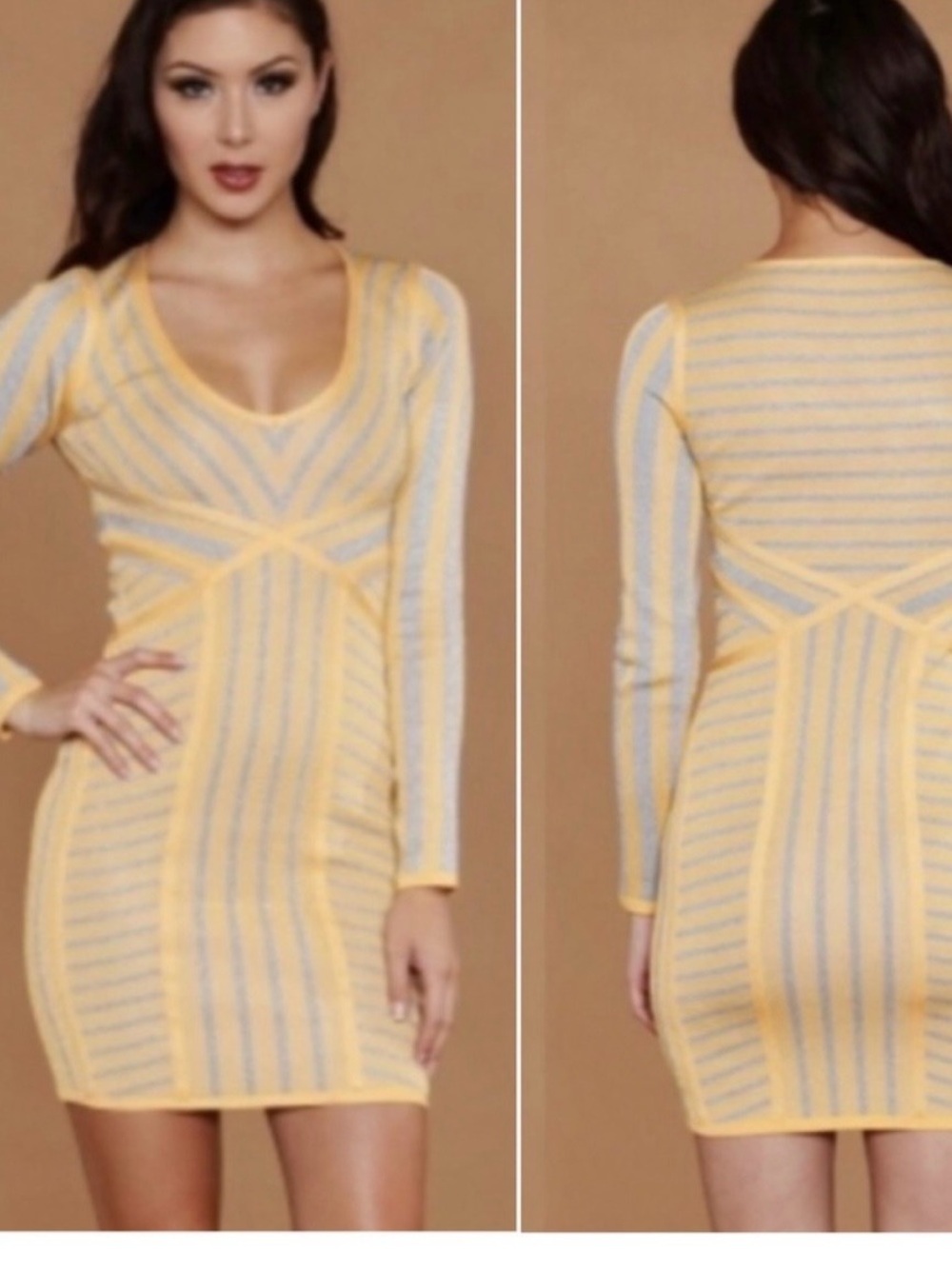 WOW couture Yellow and Light Gray Striped Mini Bodycon Dress